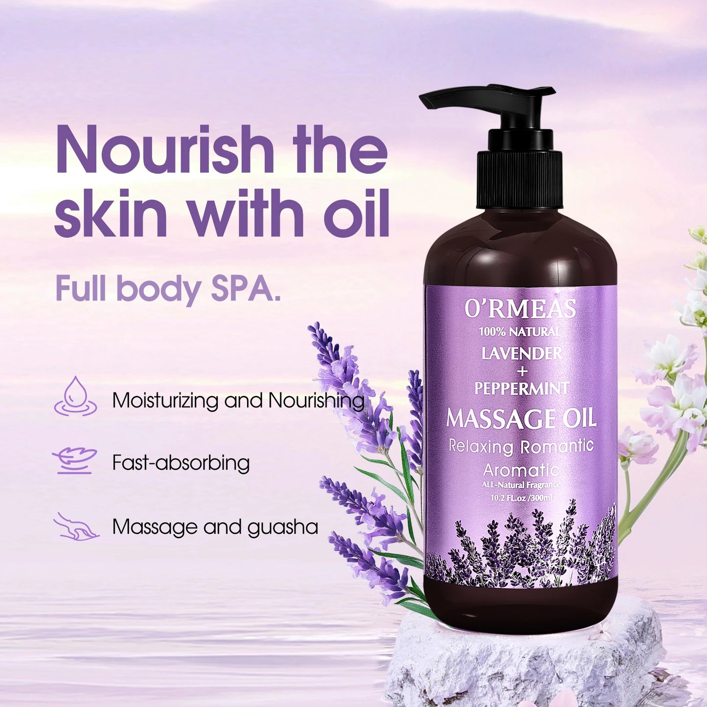 O'RMEEAS massage oil bottle with lavender and peppermint on a light purple background