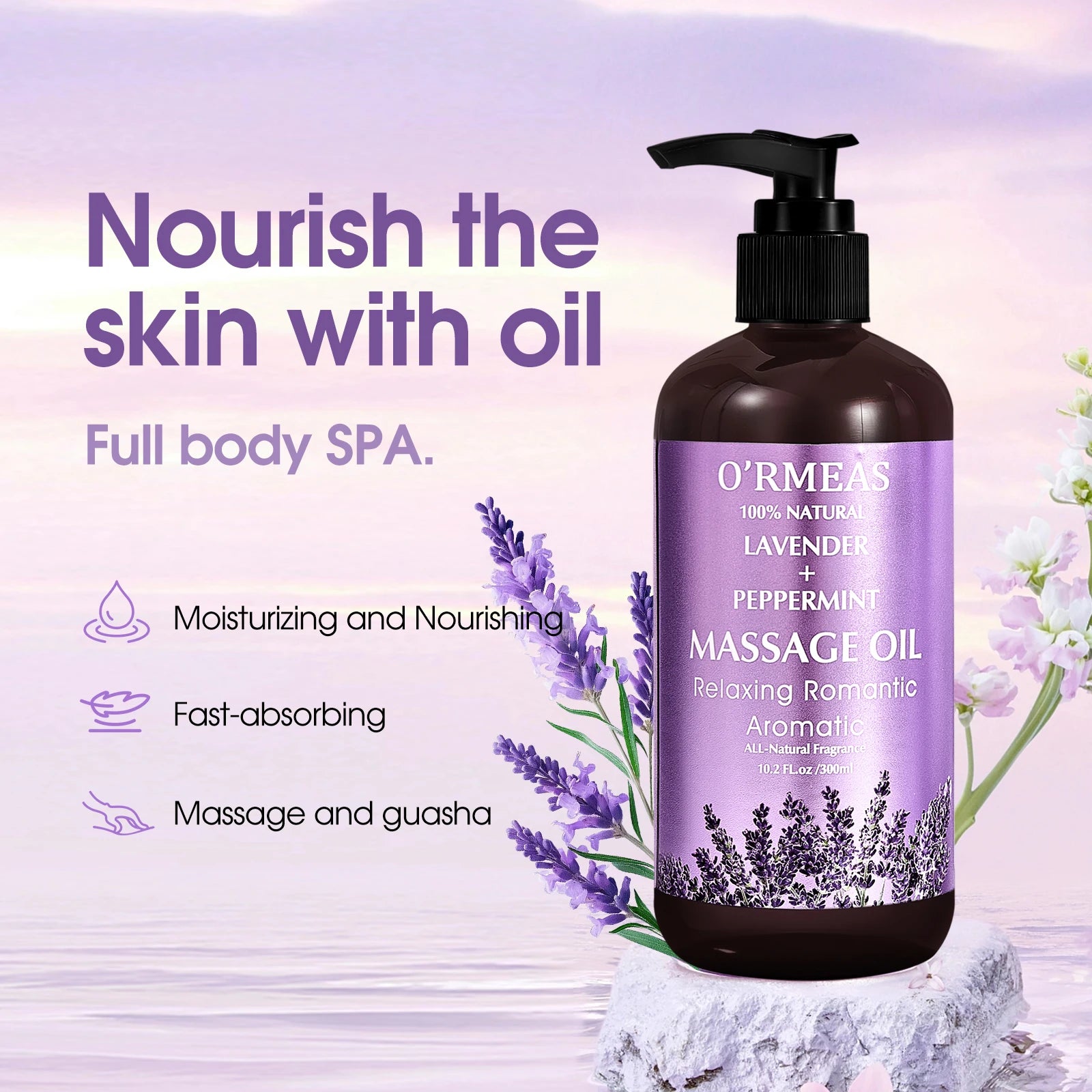 O'RMEEAS massage oil bottle with lavender and peppermint on a light purple background