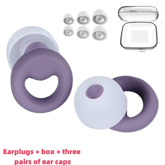 Purple and white noise cancelling earbuds with carrying case and 3 different sizes of ear buds.