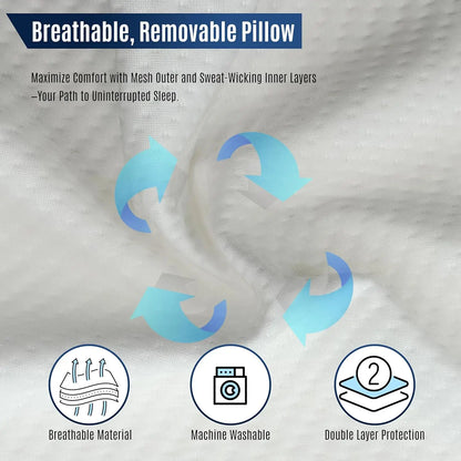 Breathable, removable pillow with text and icons indicating features.