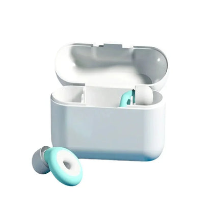 Wireless earbuds with charging case on a white background