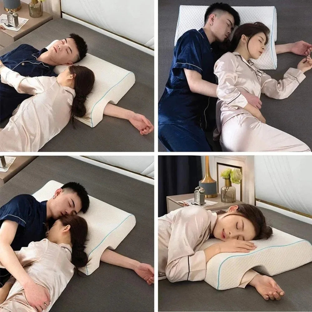 Collage of people using a wedge-shaped pillow in various positions.