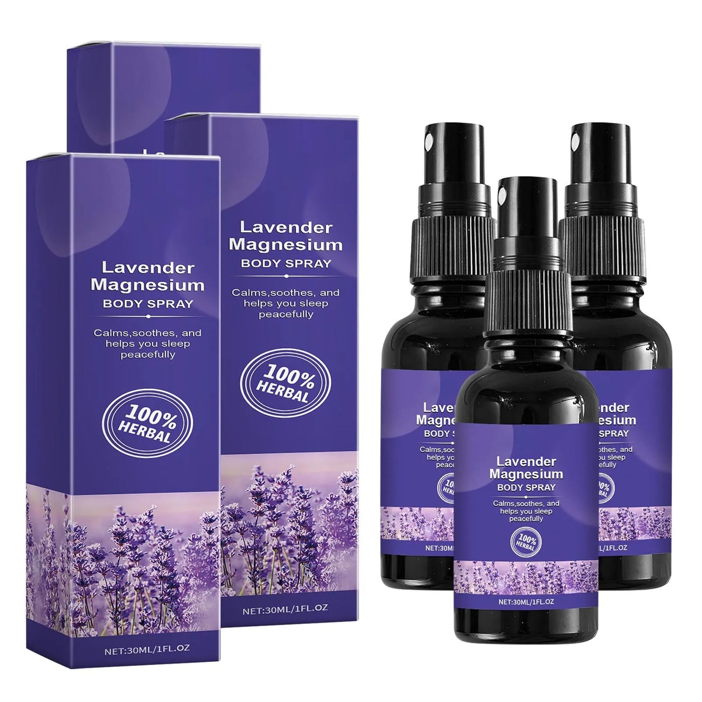 Lavender magnesium body spray with packaging on a white background. 3 Bottles