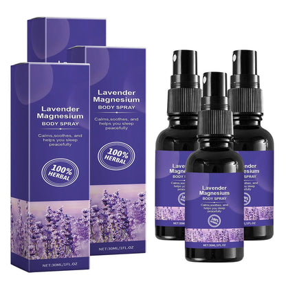 Lavender magnesium body spray with packaging on a white background. 3 Bottles