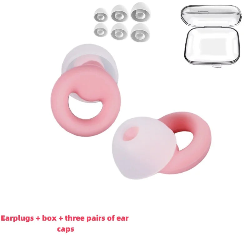 Pink and white noise cancelling earbuds with carrying case and 3 different sizes of ear buds.