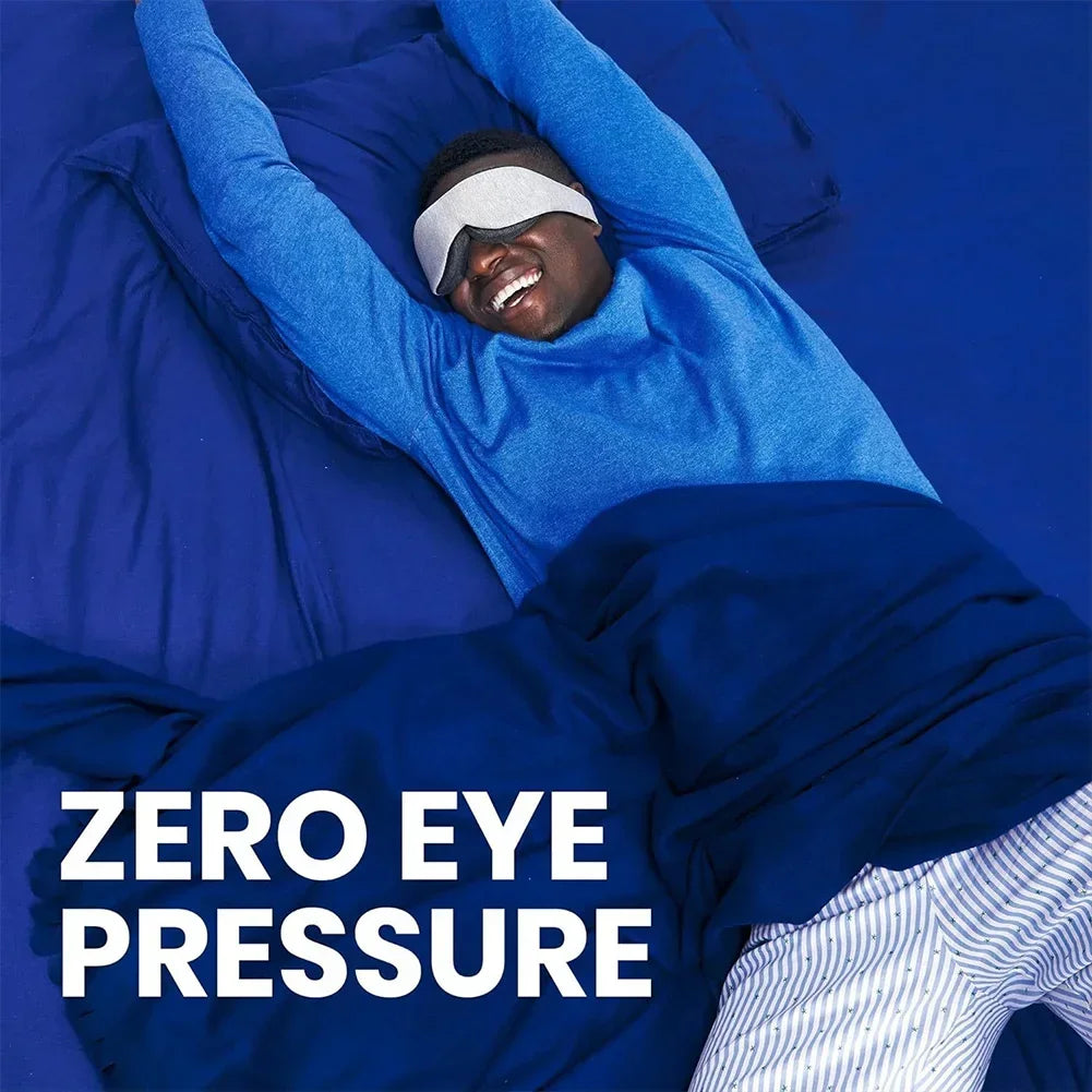 Person lying in bed with blue bedding and a sleep mask, with 'Zero Eye Pressure' text.
