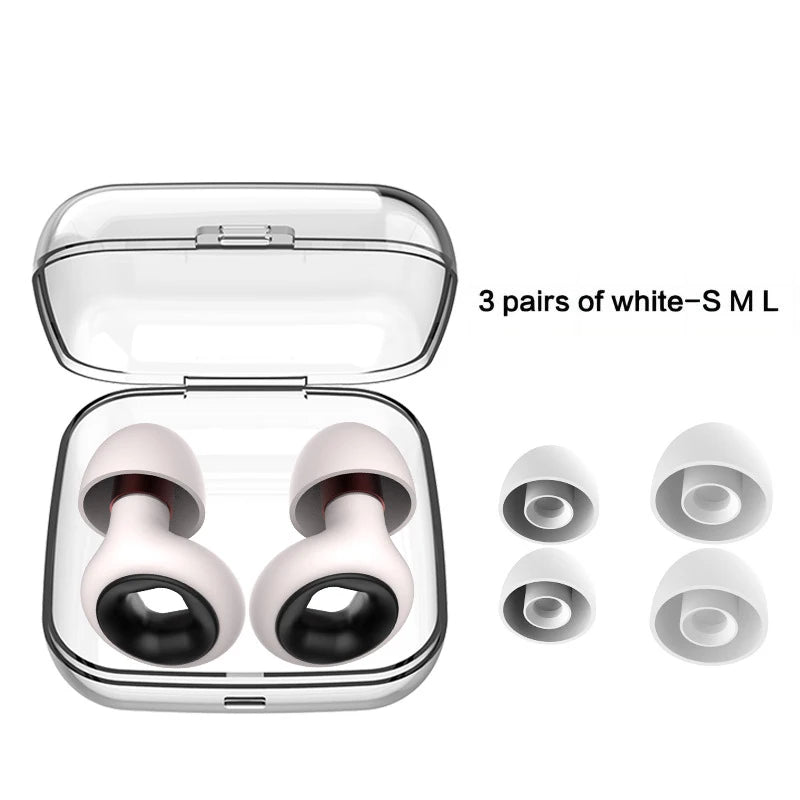 White wireless earbuds with charging case and three size options on a white background