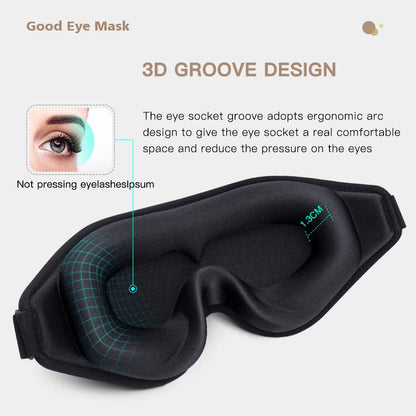 Black eye mask with 3D groove design giving space to the eyes socket for a comfortable wearing experience.