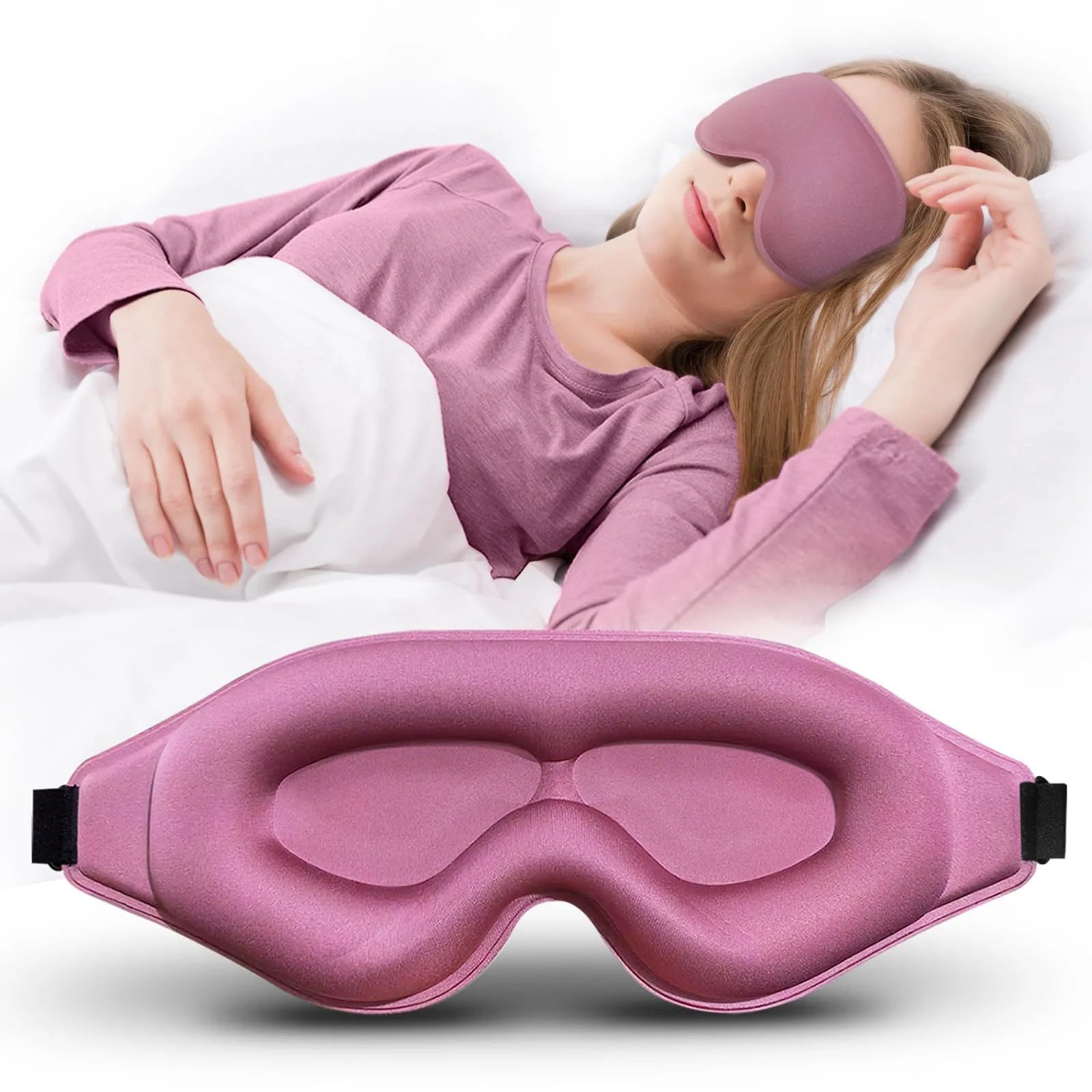 Person wearing a pink sleep mask with a close-up of the mask below on a white background