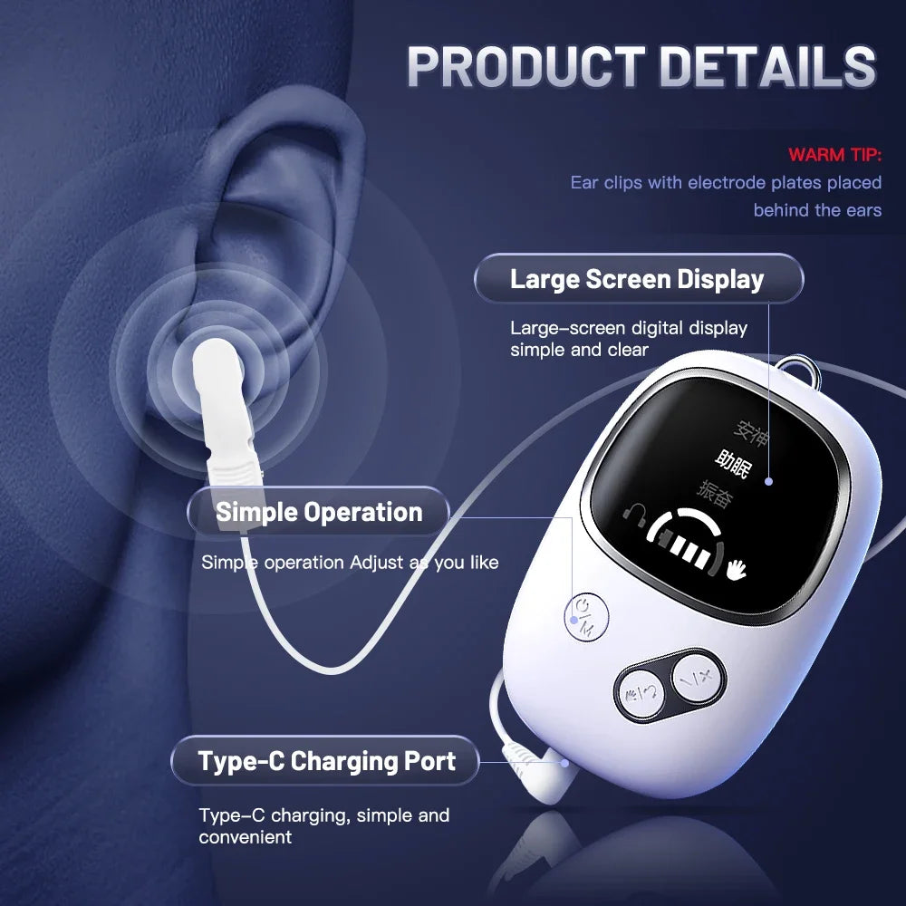 Cranial Electrotherapy Stimulation (CES) ear clip sleep device comes with Large Screen Display, simple operation and type C charging port.
