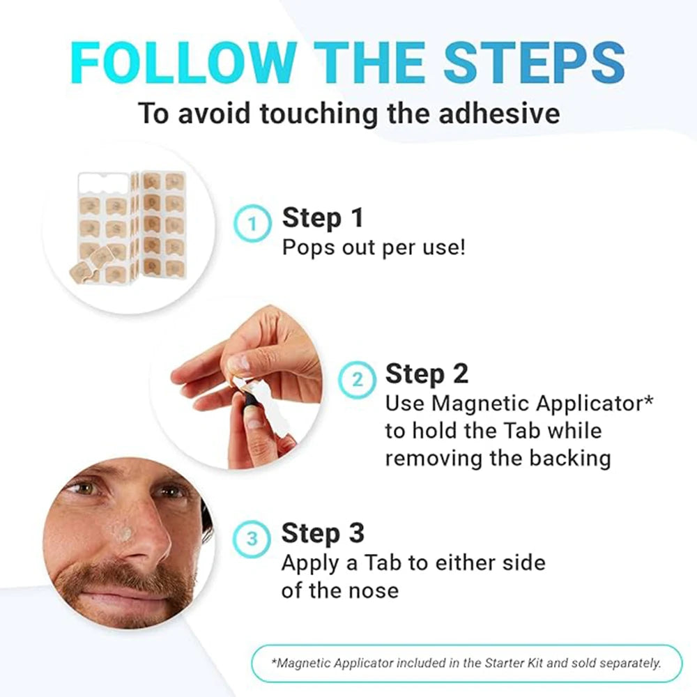 3 Steps to use the nasal dilator strips. Use the magnetic applicator. 