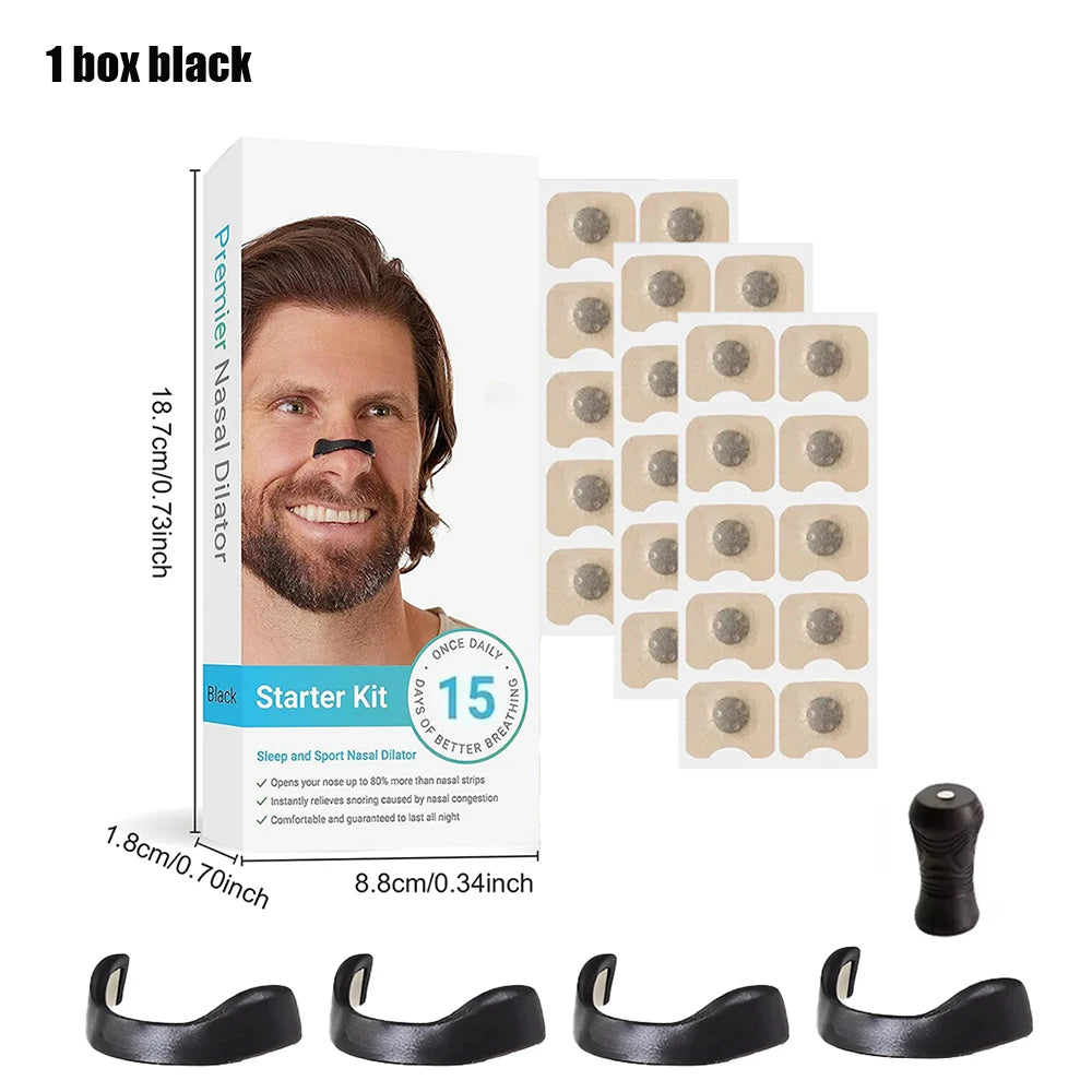 Nasal strip starter kit with packaging, strips, and black components on a white background