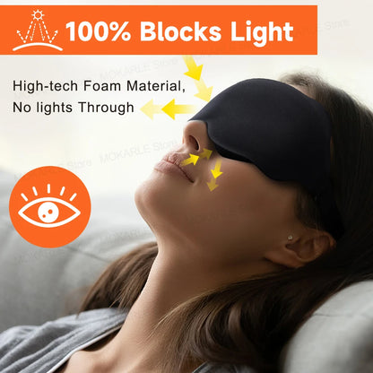 Lady wearing a comfortable black sleep mask with nose support. Blocks 100% light. 