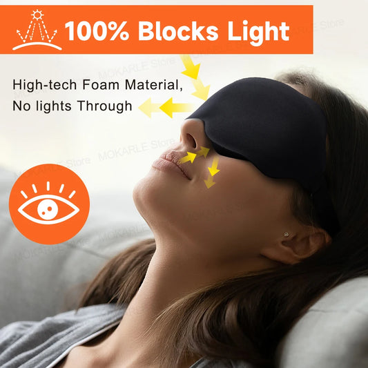 Lady wearing a comfortable black sleep mask with nose support. Blocks 100% light. 