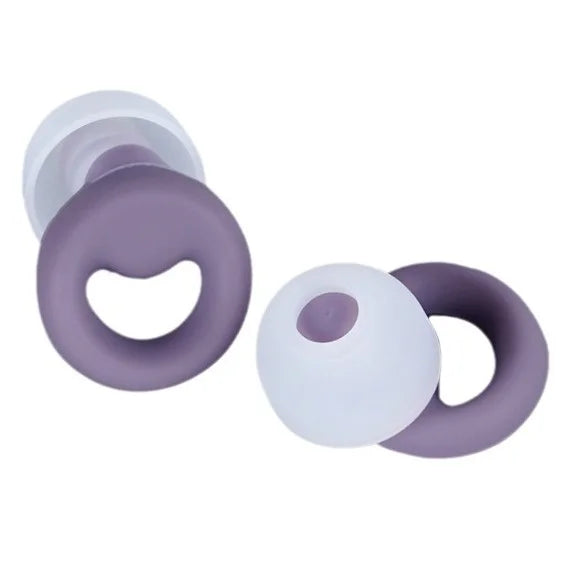Purple and white noise reduction earbud to block snores so you can sleep better.