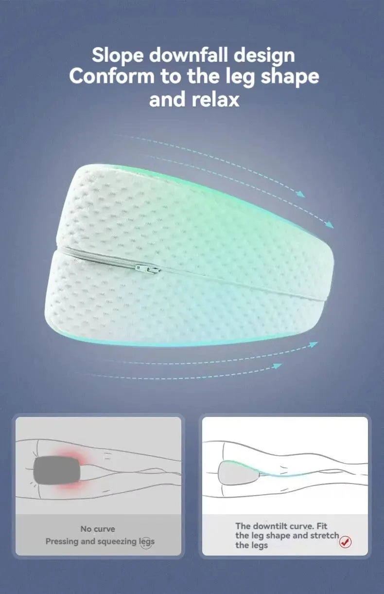 Side view of the heart-shaped leg pillow showing the downward tilt design that conforms to side sleeping, allowing user to sleep comfortably.