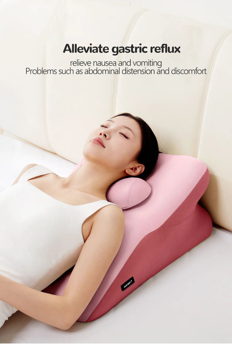 Woman using a pink neck and shoulder massager with text on gastric reflux relief.