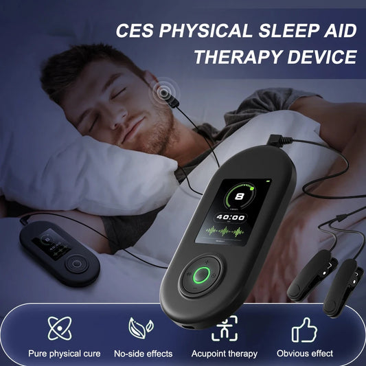 Man sleeping with CES Sleep Aid Therapy Device with ear clips that targets the Acupuncture point.