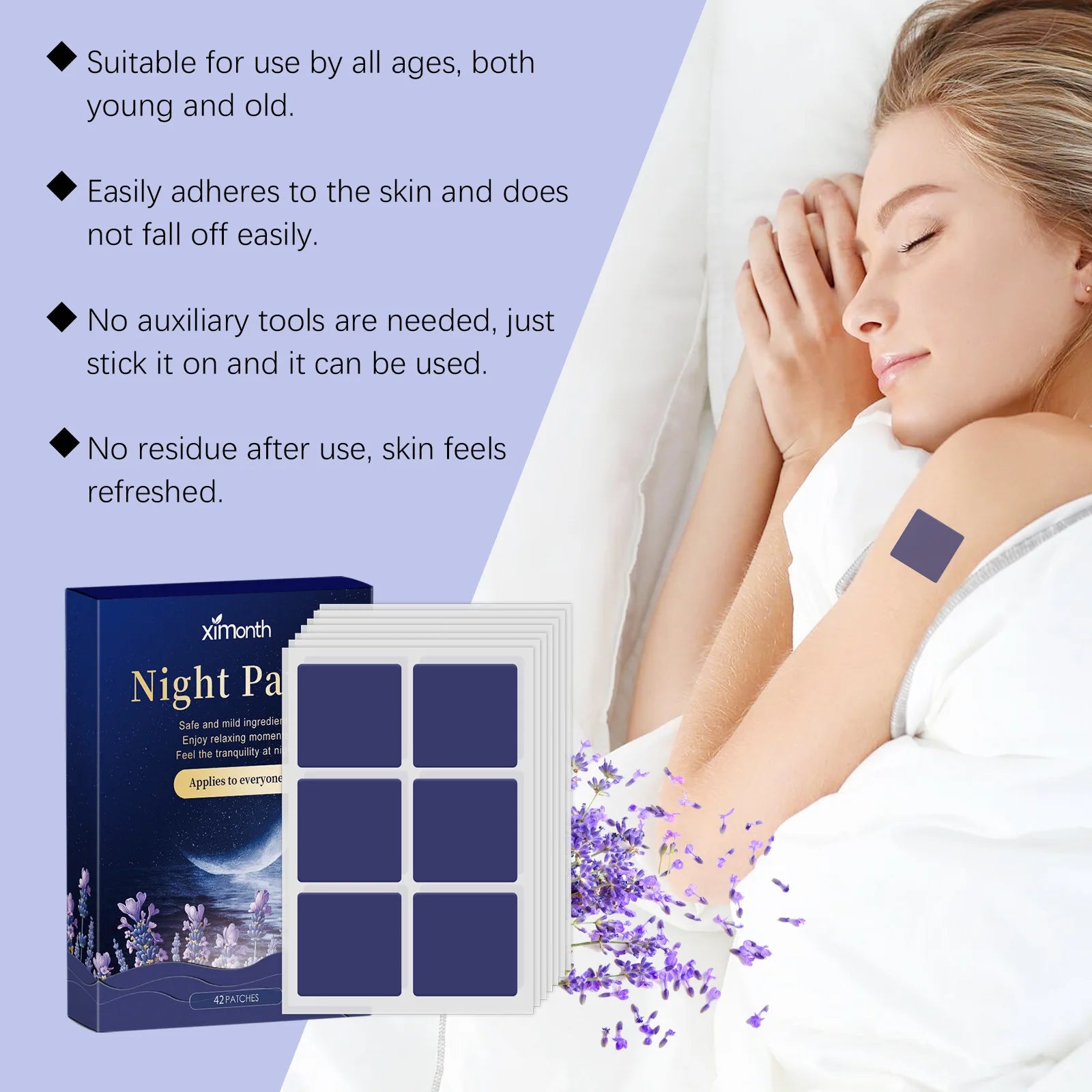 Woman sleeping with a patch on her arm next to Night Patch packaging and lavender flowers.