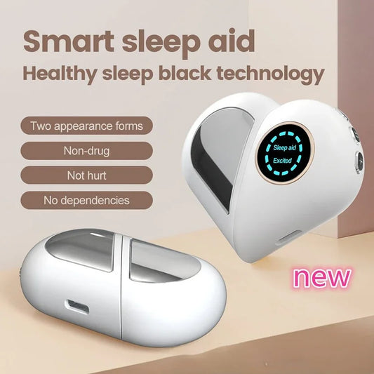 Sleeping device uses Cranial Electrotherapy Stimulation (CES)  therapy to reduce tension, reduce stress, reduce anxiety, improve mood, emotions, insomnia. Pure physical aid, non drug, no dependencies. 2 different form factor.
