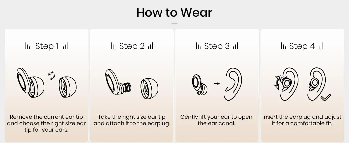 Step-by-step guide on how to wear earplugs with illustrations and text.