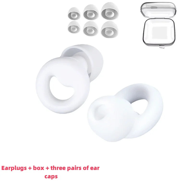 White noise cancelling earbuds with carrying case and 3 different sizes of ear buds.