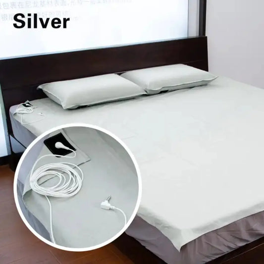 Grounding Earthing Sleep Well Bedsheet (Ivory colour) helps reconnect to earth for healing and better sleep. Close up view on the earthing cord.