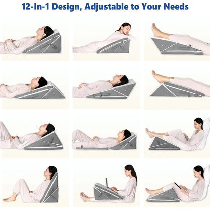 Multifunctional wedge product in various positions with text '12-In-1 Design, Adjustable to Your Needs'.