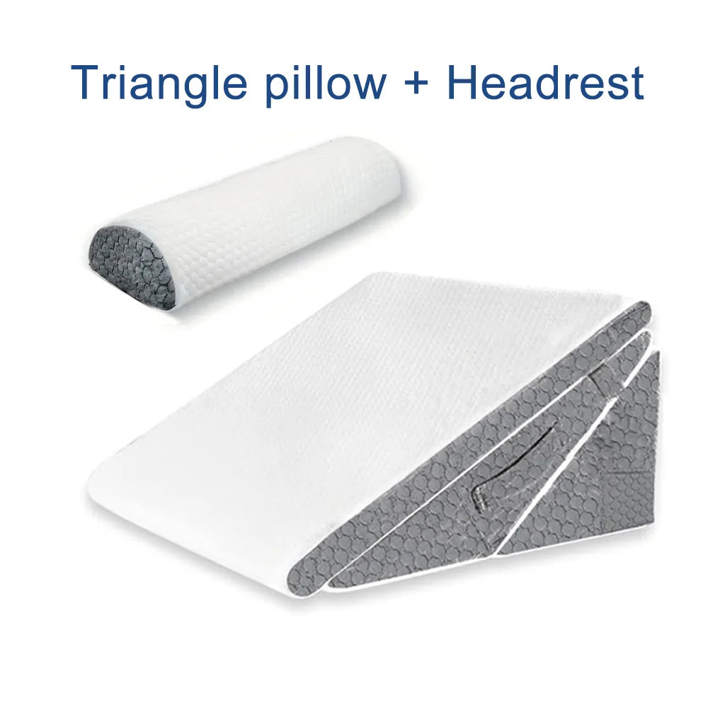 Triangle pillow and headrest on a white background with text 'Triangle pillow + Headrest'.