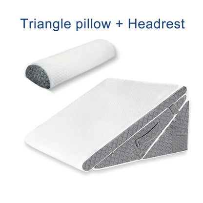 Triangle pillow and headrest on a white background with text 'Triangle pillow + Headrest'.
