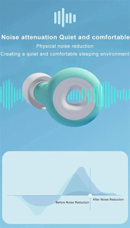 Noise attenuation device with sound wave graphics on a blue background