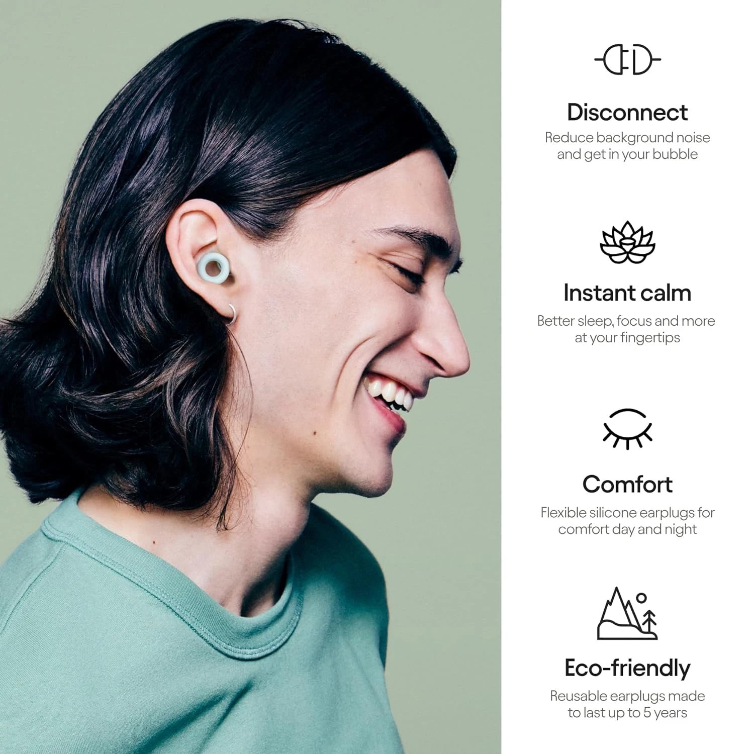 Person wearing noise reduction earplugs with product features on the right