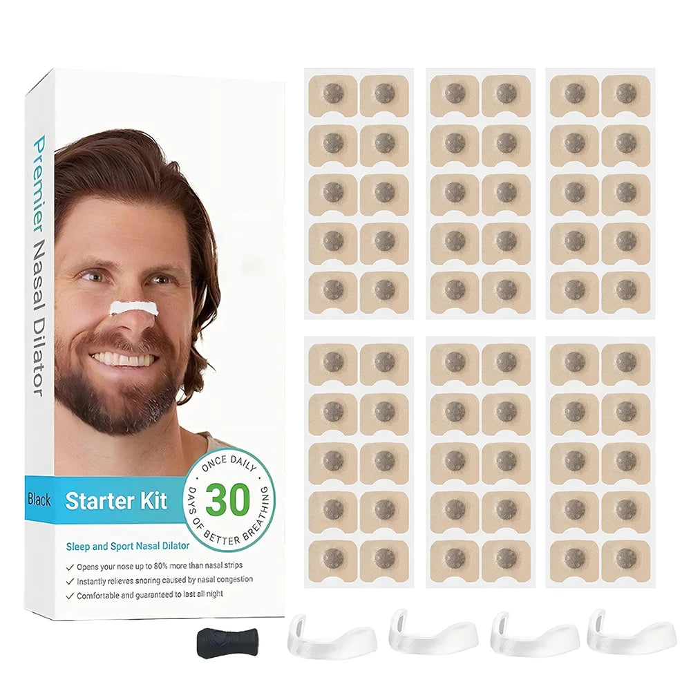 Nasal dilator starter kit with packaging, nasal strips, and a black device on a white background.
