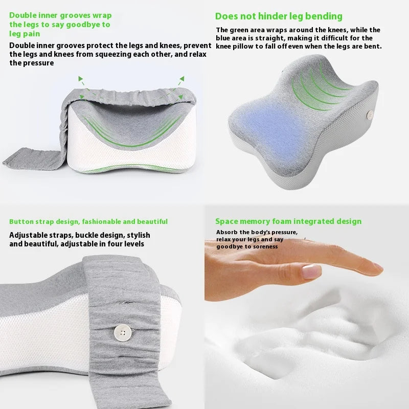 Leg pillow has double inner grooves to protect legs and knees, does not hinder leg bending, memory foam supports the leg well and adjustable strap for added comfort while sleeping.