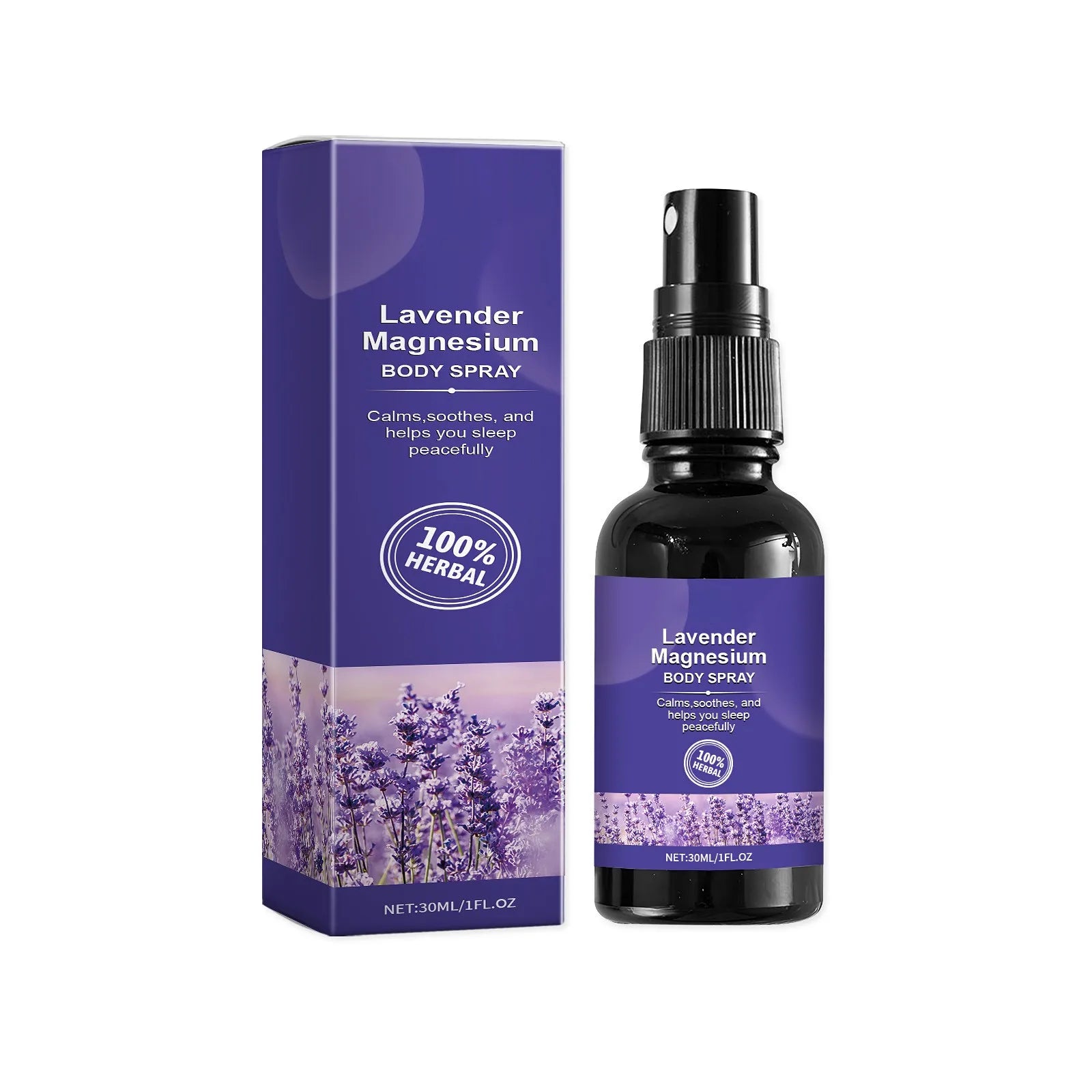 100% Lavender magnesium body spray with packaging on a white background.