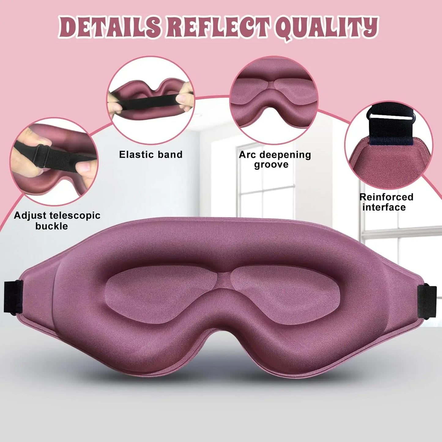 Purple sleep mask with detailed features on a pink background