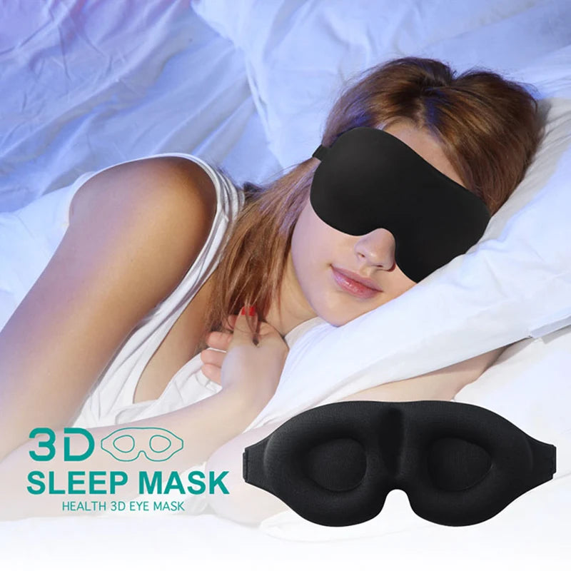 Woman wearing a black 3D sleeping eye mask.
