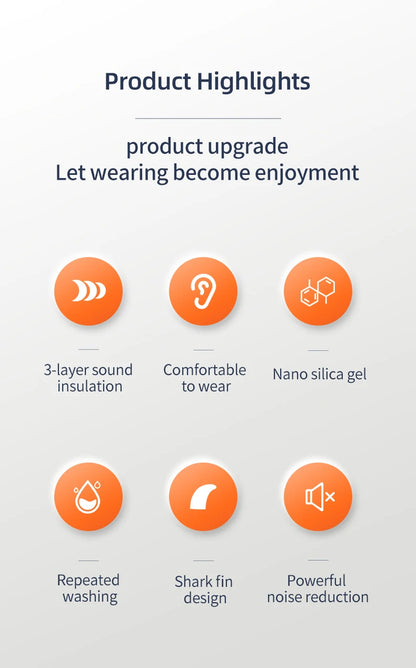 Product highlights with icons and text on a white background