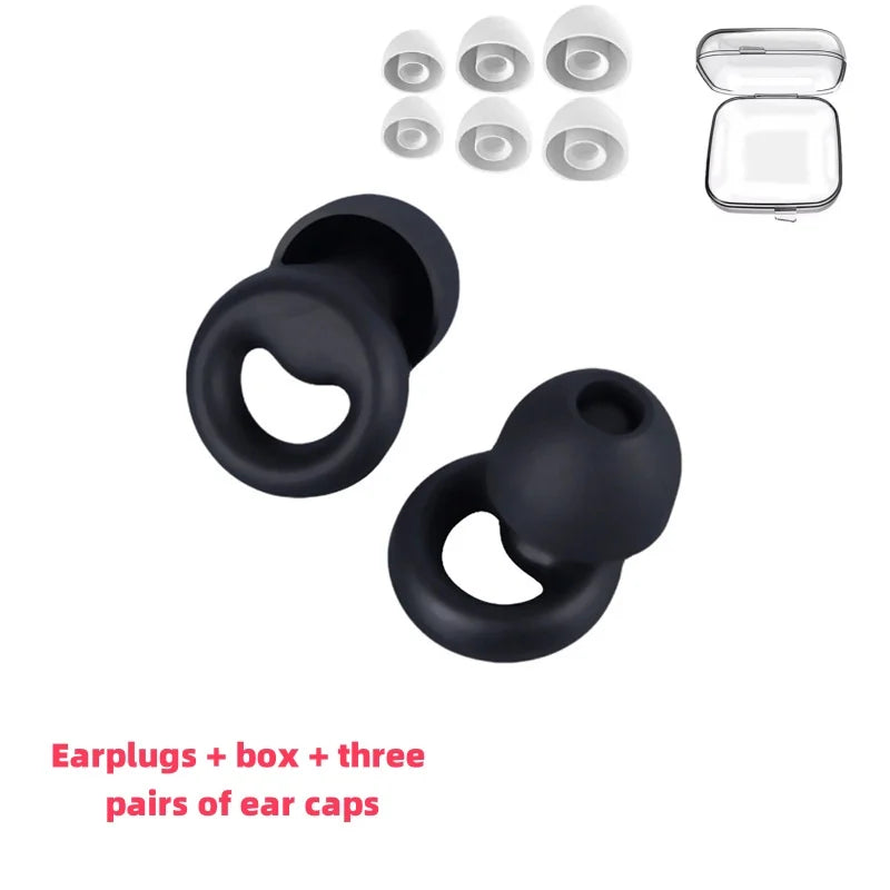 Black noise cancelling earbuds with carrying case and 3 different sizes of ear buds.