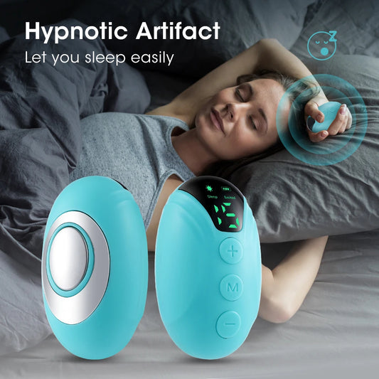Hand-held sleeping device uses Cranial Electrotherapy Stimulation (CES)  therapy to reduce tension, reduce stress, reduce anxiety, improve mood, emotions, insomnia