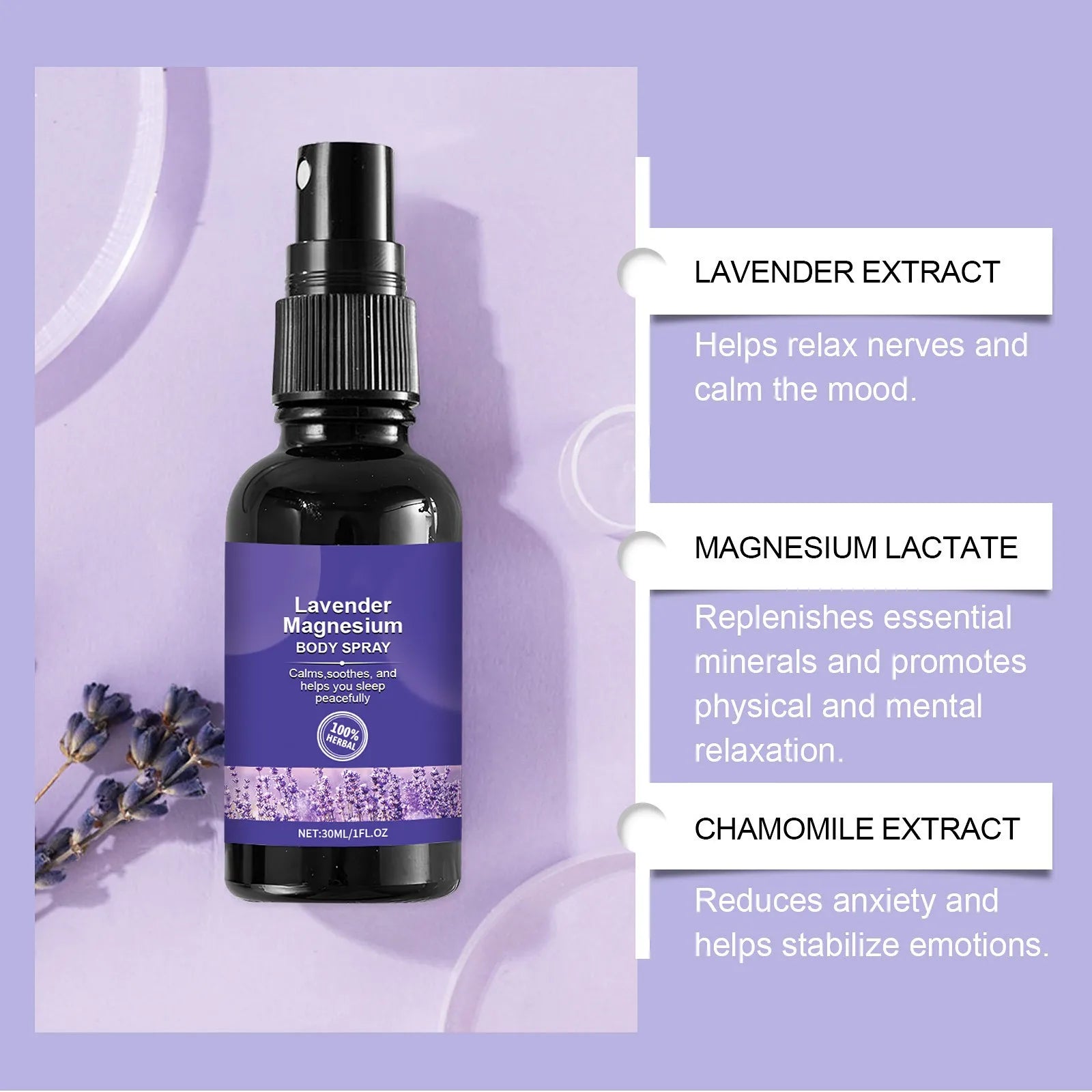 Lavender magnesium body spray with ingredients like Lavender extract, Magnesium Lactate, Chamomile extract.