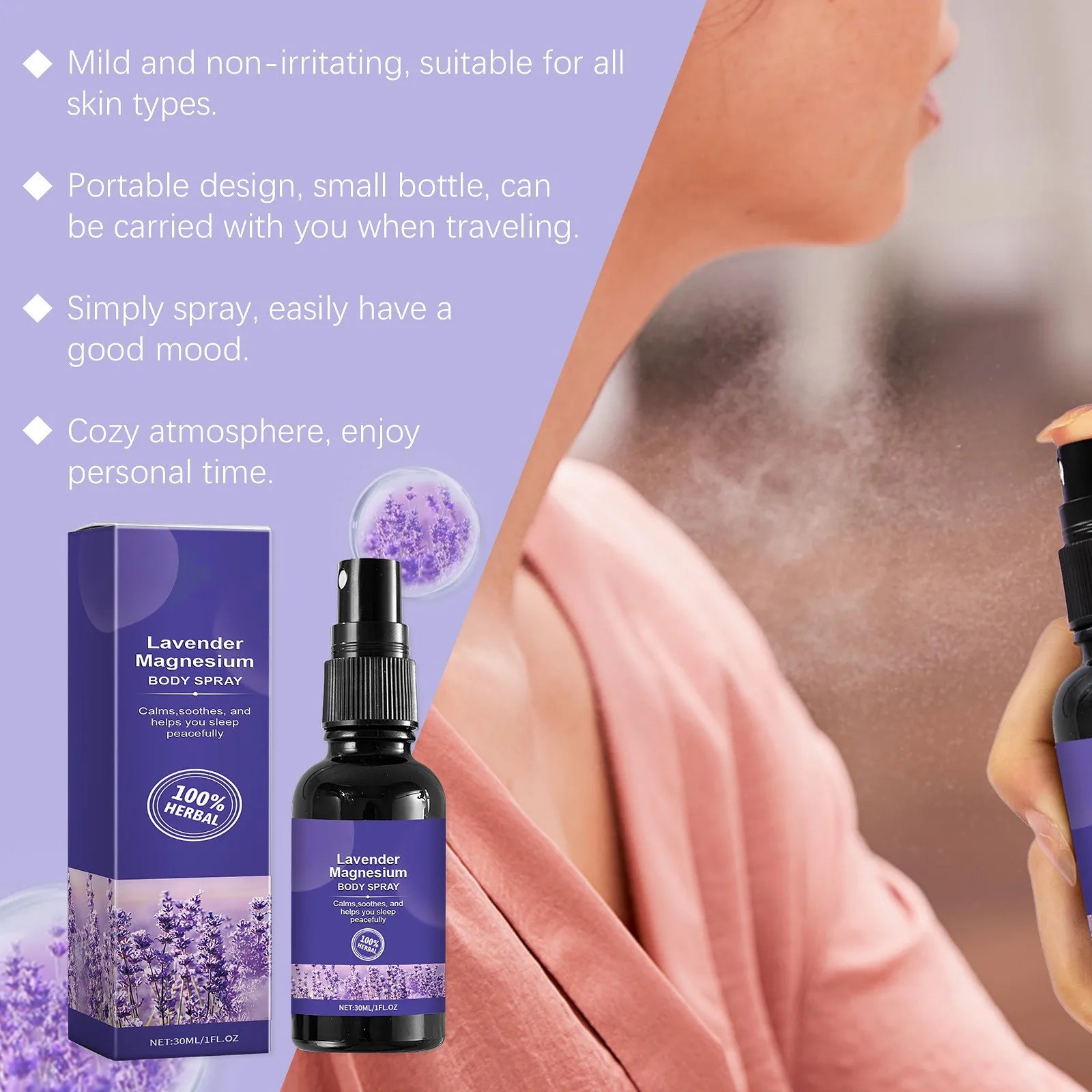 Lavender magnesium body spray with packaging and user application.