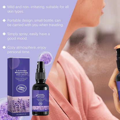 Lavender magnesium body spray with packaging and user application.