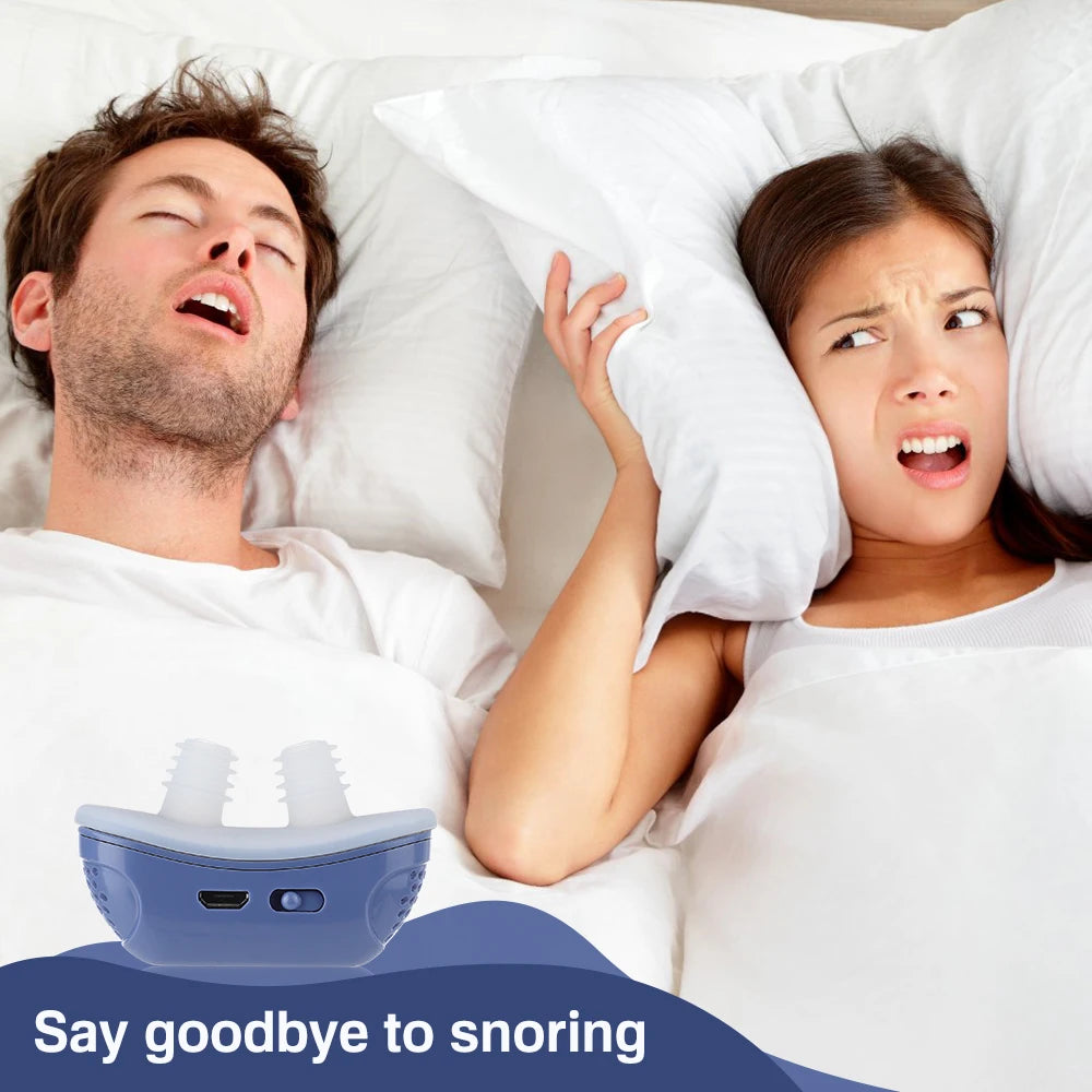 Man snoring loudly next to a woman with a device designed to stop snoring.