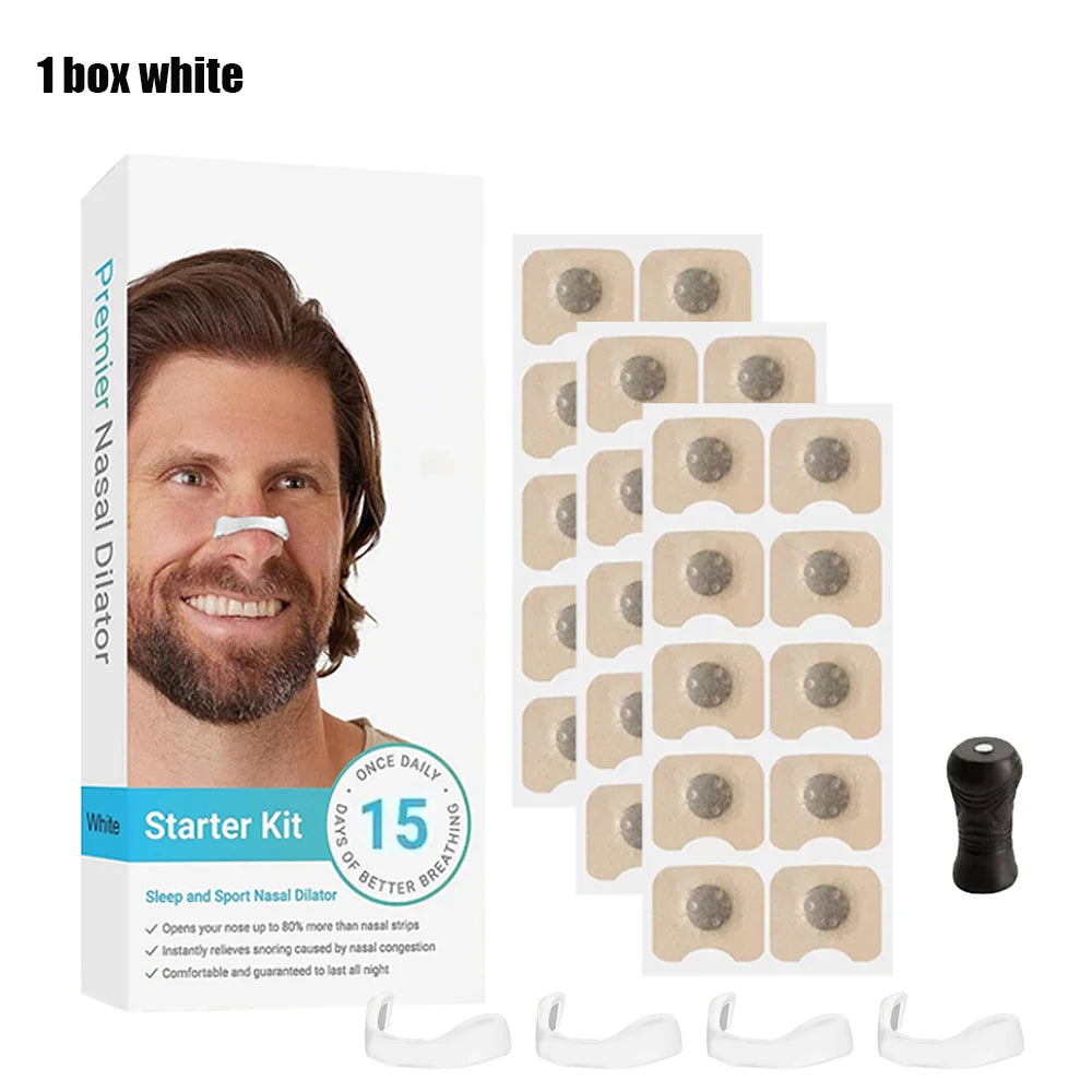 Nasal dilator starter kit with packaging showing a man's face and nasal strips.