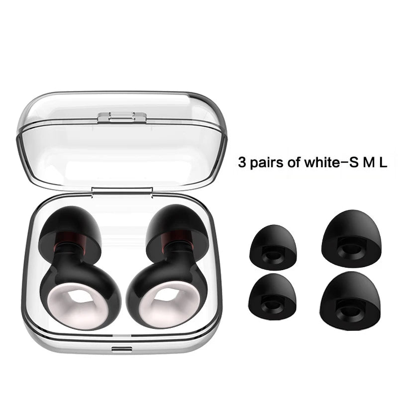 Black wireless earbuds in a clear case with three pairs of black ear tips on a white background.