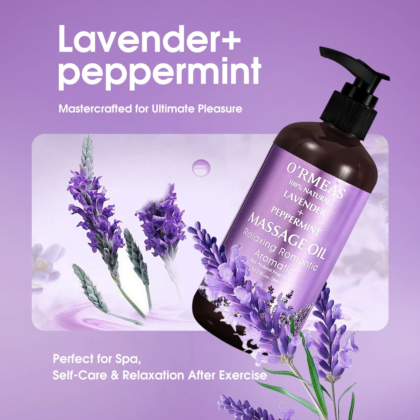 O'ремес lavender peppermint massage oil bottle with lavender flowers on a purple background
