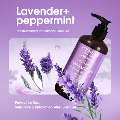 O'ремес lavender peppermint massage oil bottle with lavender flowers on a purple background
