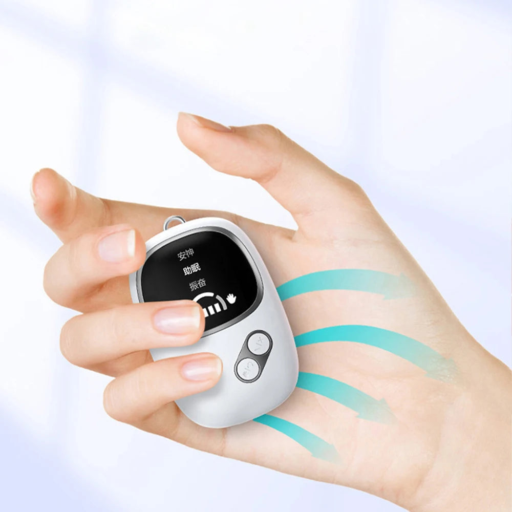 Hold Cranial Electrotherapy Stimulation (CES) sleep device in palm to sleep faster.