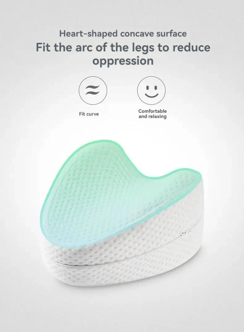 Heart-shaped pillow concave surface to fit the arc of the legs for comfortable relaxing sleep. 